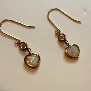 14k solid gold Diamond and heart shaped opal earrings